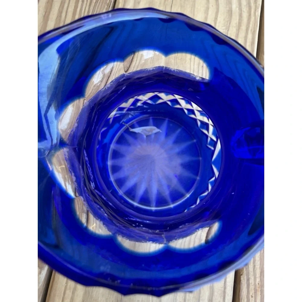 Vintage Bohemian Cobalt Blue Cut To Clear MCM Atomic Starburst Vase Pitcher 5